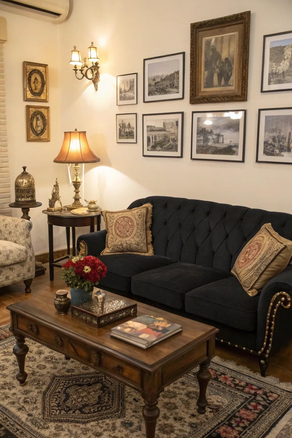 A black couch with vintage ambiance.
