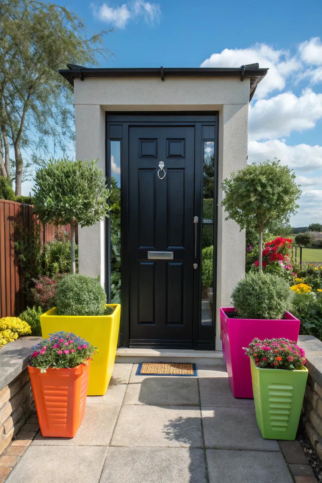 Bright vegetation holders enliven a sophisticated dark-toned entrance.