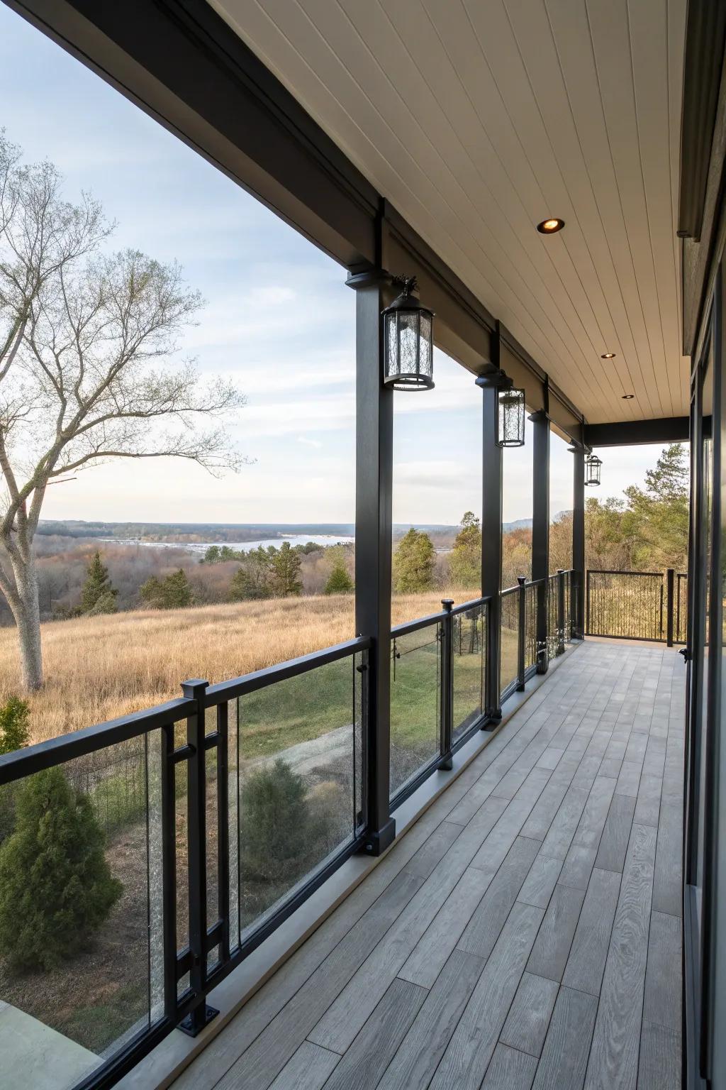Glass panels with dark railings offer clear views and modern style.