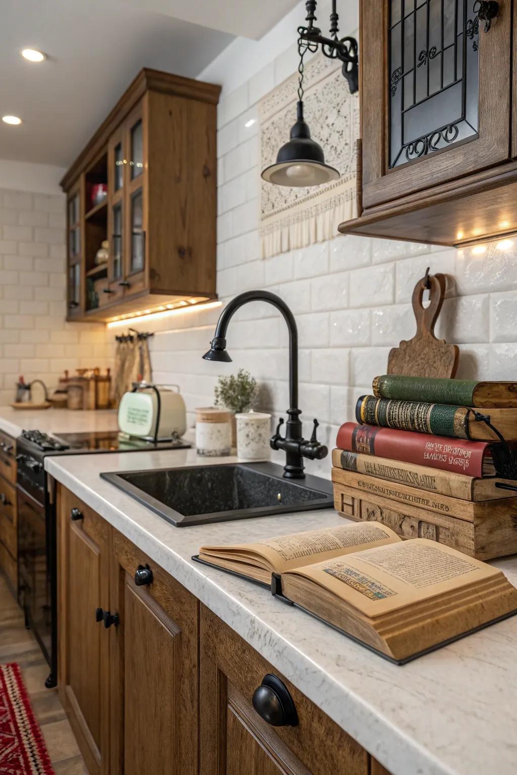 A vintage-inspired kitchen comes to life with the addition of a dark toned faucet.
