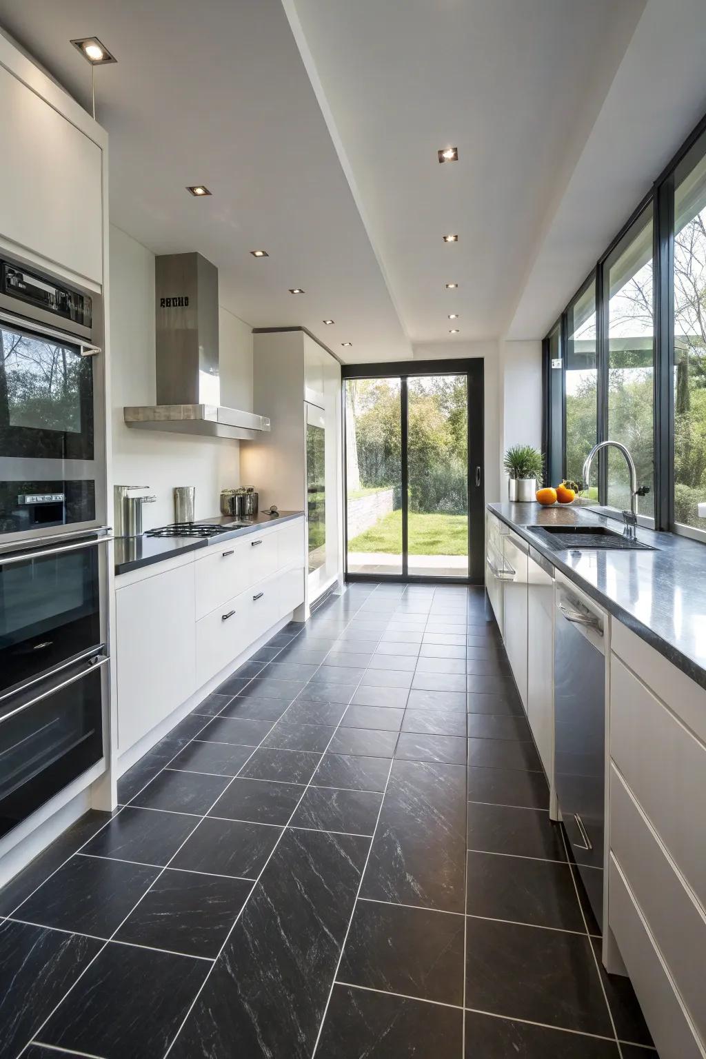 A kitchen that shows the usefulness and beauty of black porcelain floor tiles.