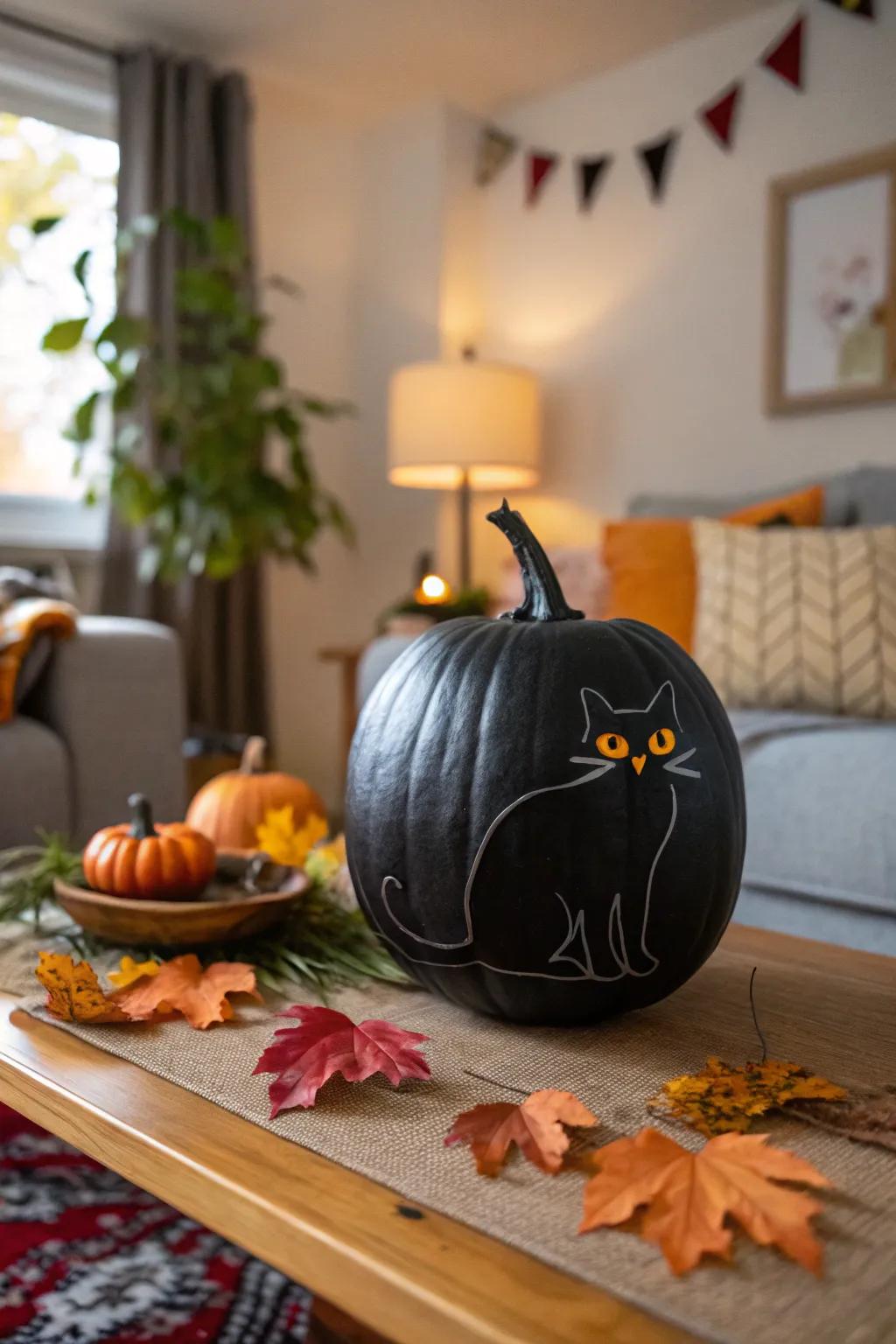 A jet gourd featuring a feline motif, contributing a playful deviation to All Hallows' Eve aesthetic.