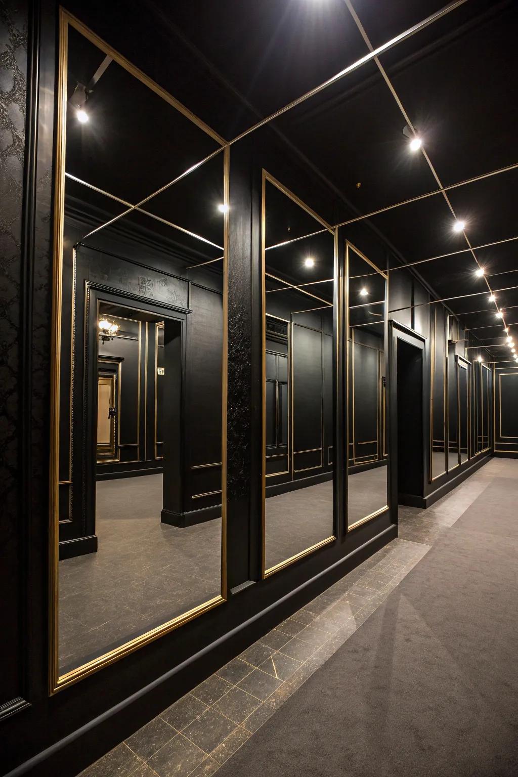 Mirrors strategically placed to expand and brighten a dark room.