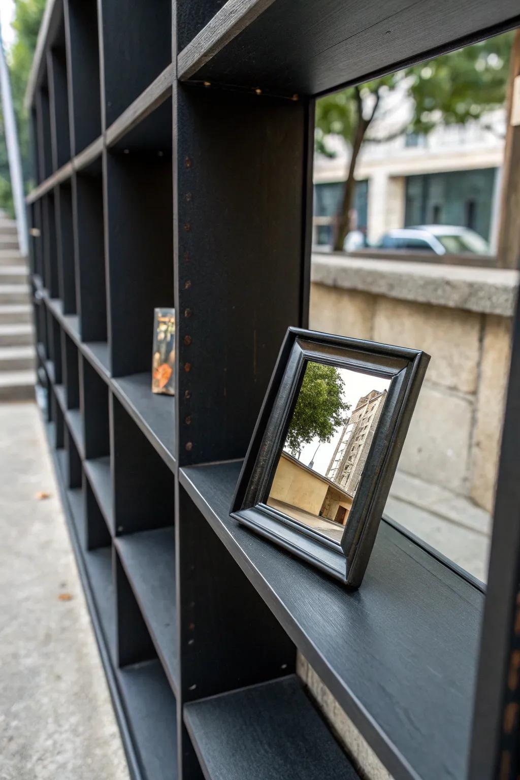 A mirror adding depth to a black shelf arrangement.