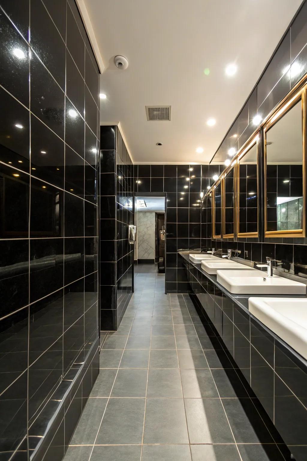 Reflective dark panels enhance light reflection, adding depth to the space.