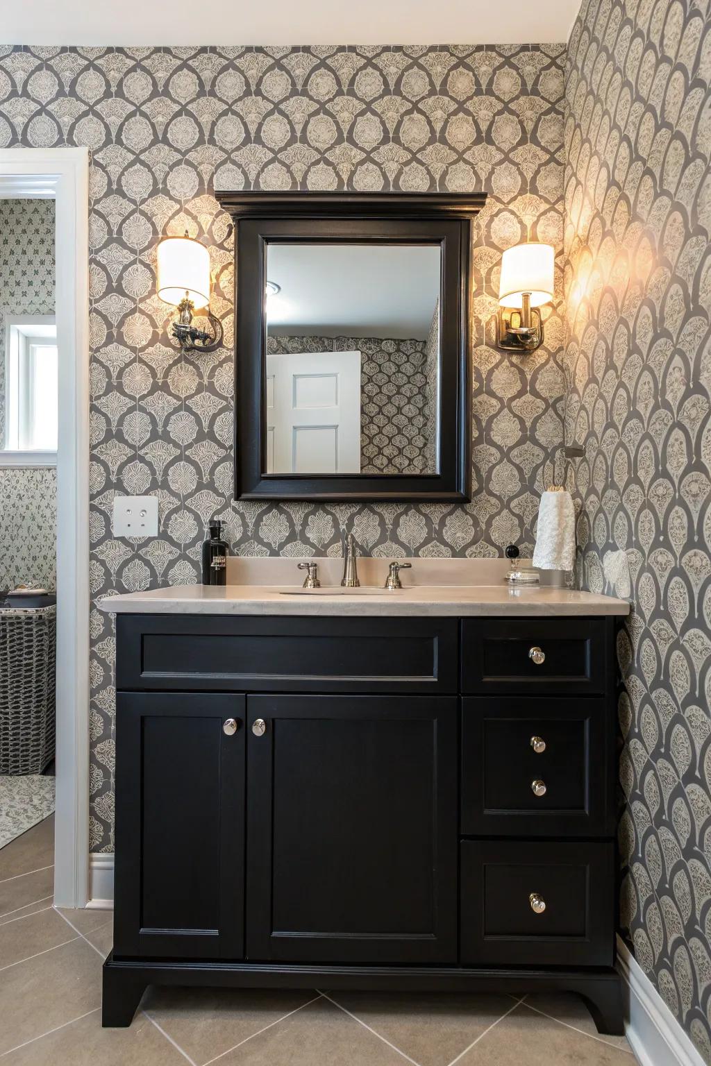 Patterned wallpaper brings a playful and personalized touch to a dark vanity bathroom.