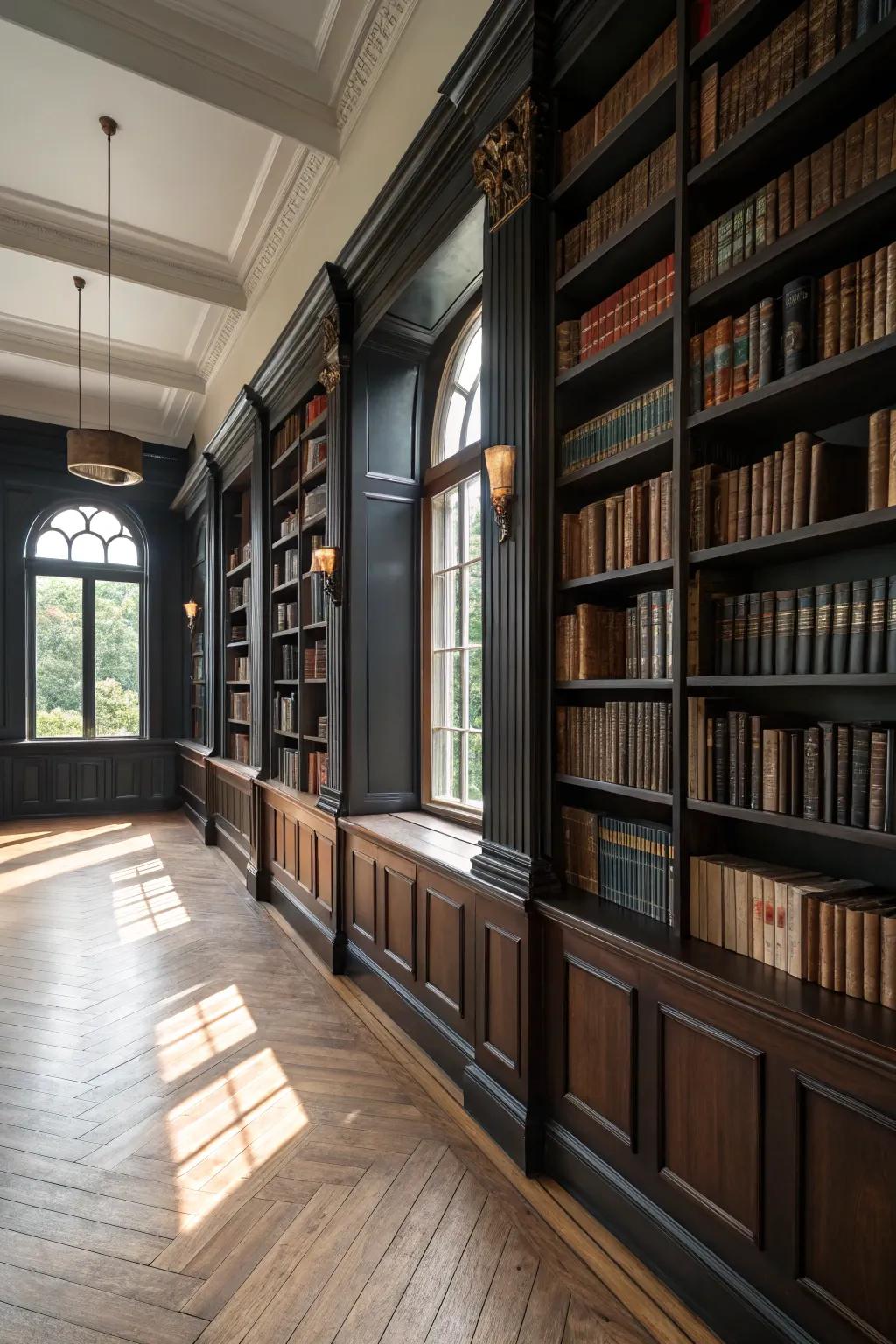 A library featuring contrasting textures and black wainscoting.