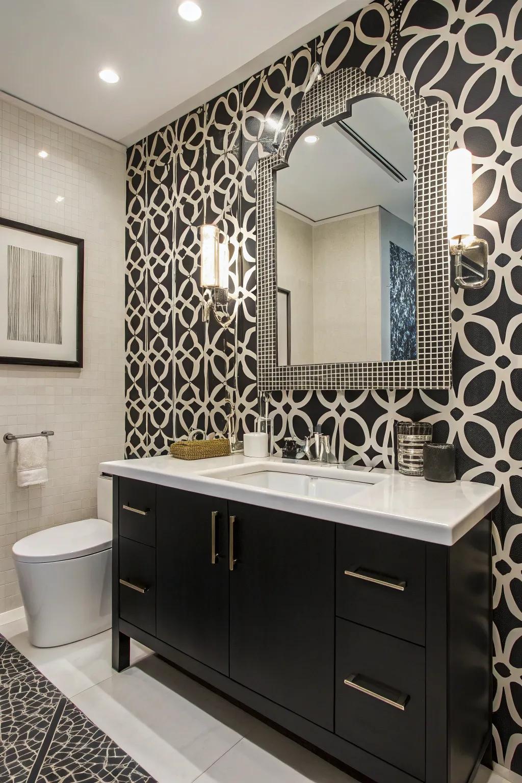 Dark and bright wall covering introduces a retro charm to this bathroom.
