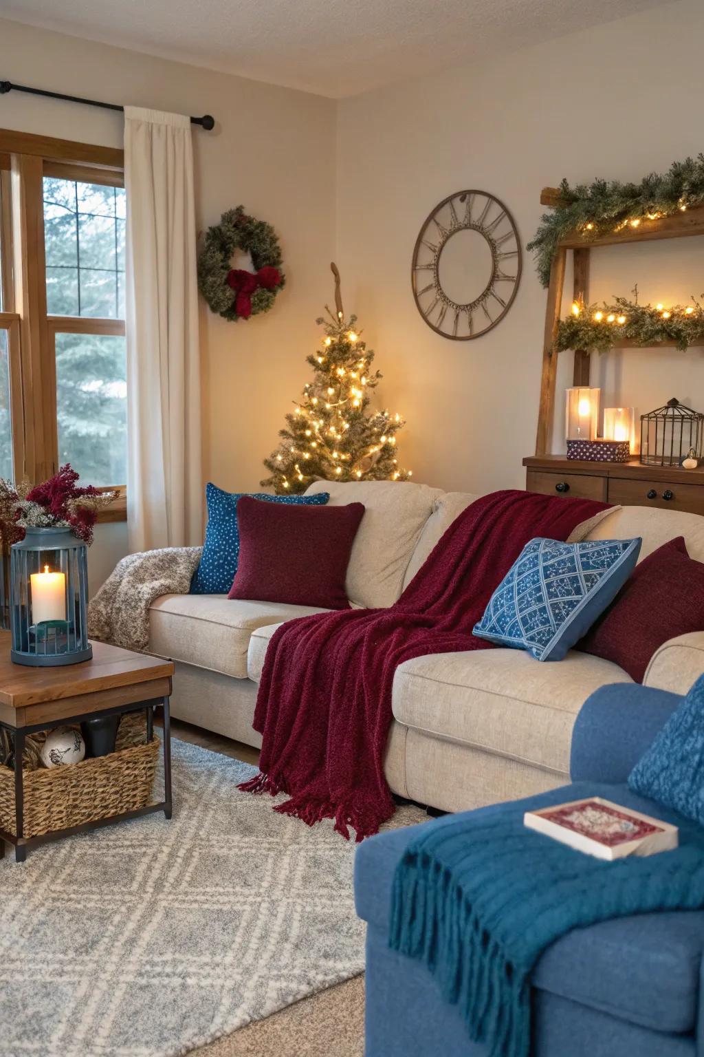 Time-related touches in sapphire and wine keep your decor current and adaptable.