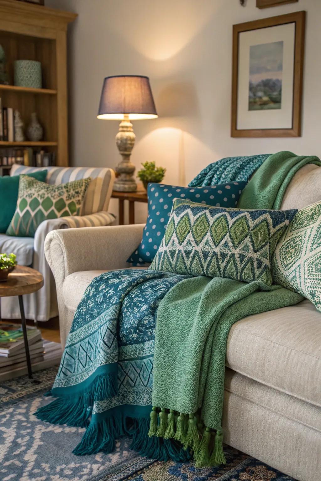 Woven goods in mixed patterns add depth and interest.