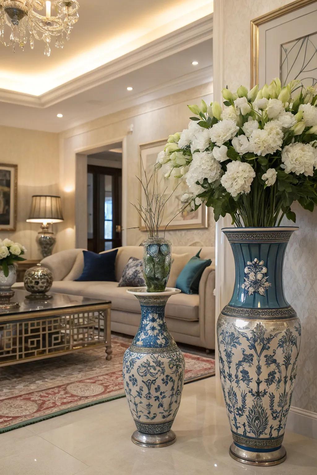 Indigo and silver jars filled with fresh flowers bring elegance to this living room.
