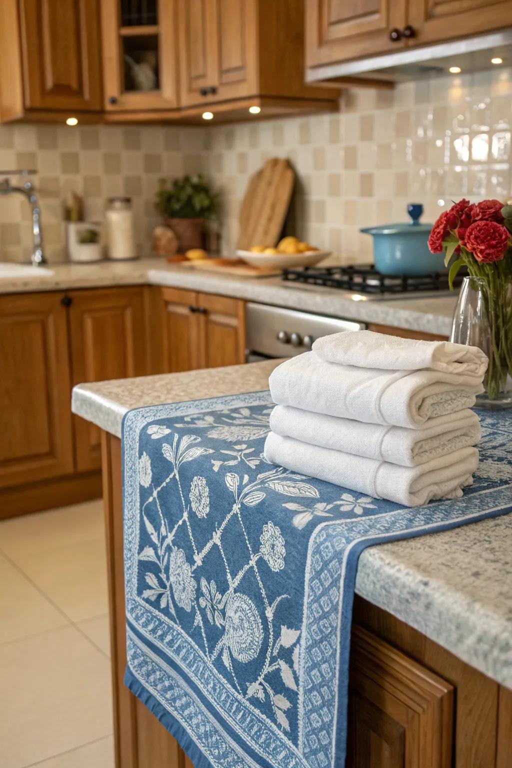 Azure and white embellishments contribute a festive feature to your kitchen.