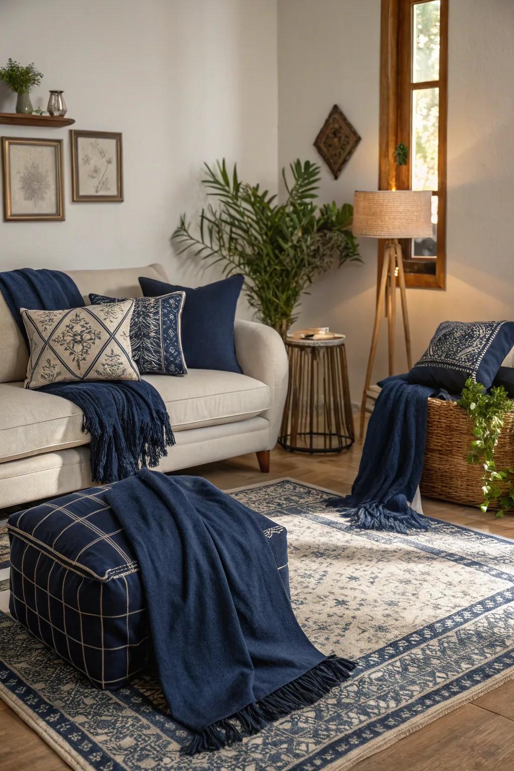 Cozy navy blue accents for the living room