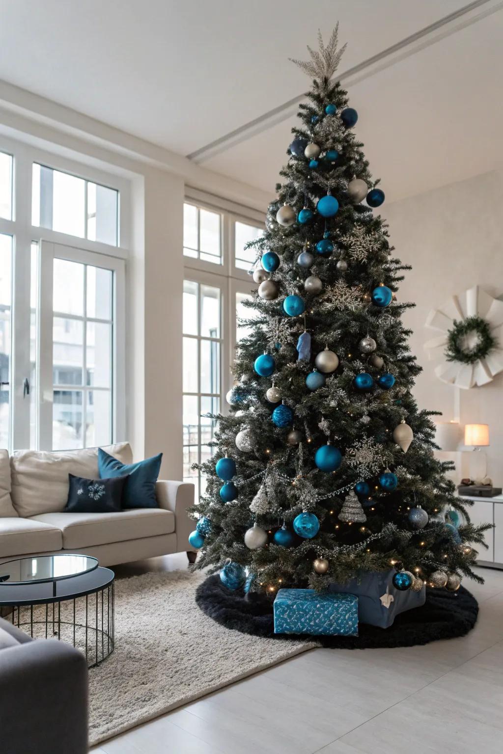A modern chic azure and charcoal Christmas tree.