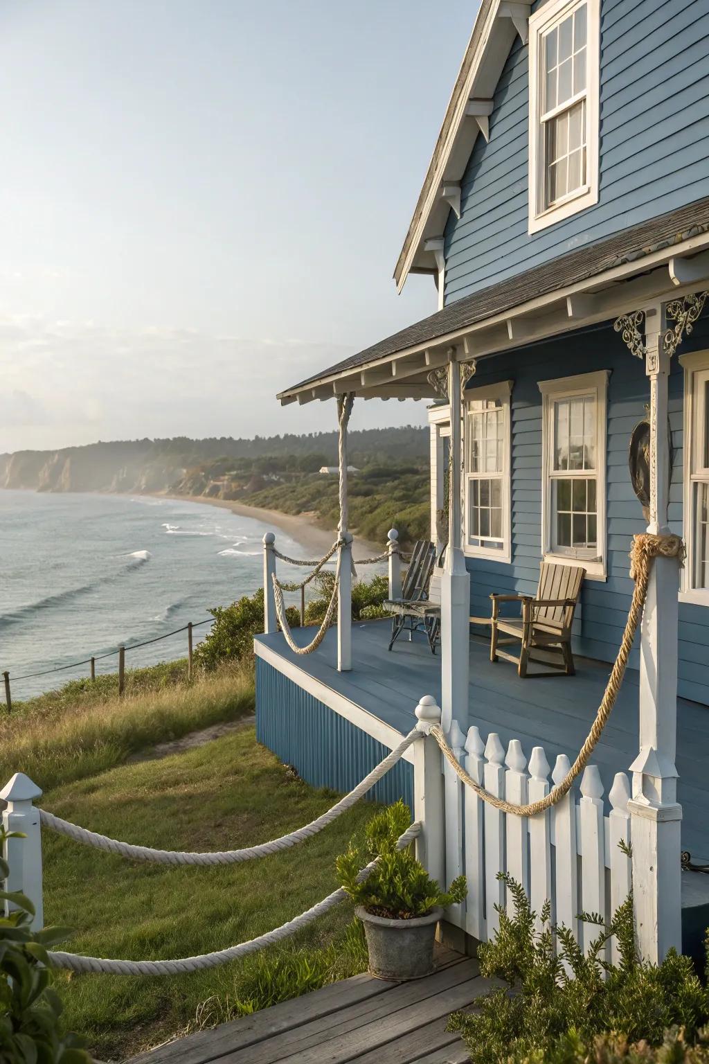 Rope details bring a seaside vibe to blue homes.