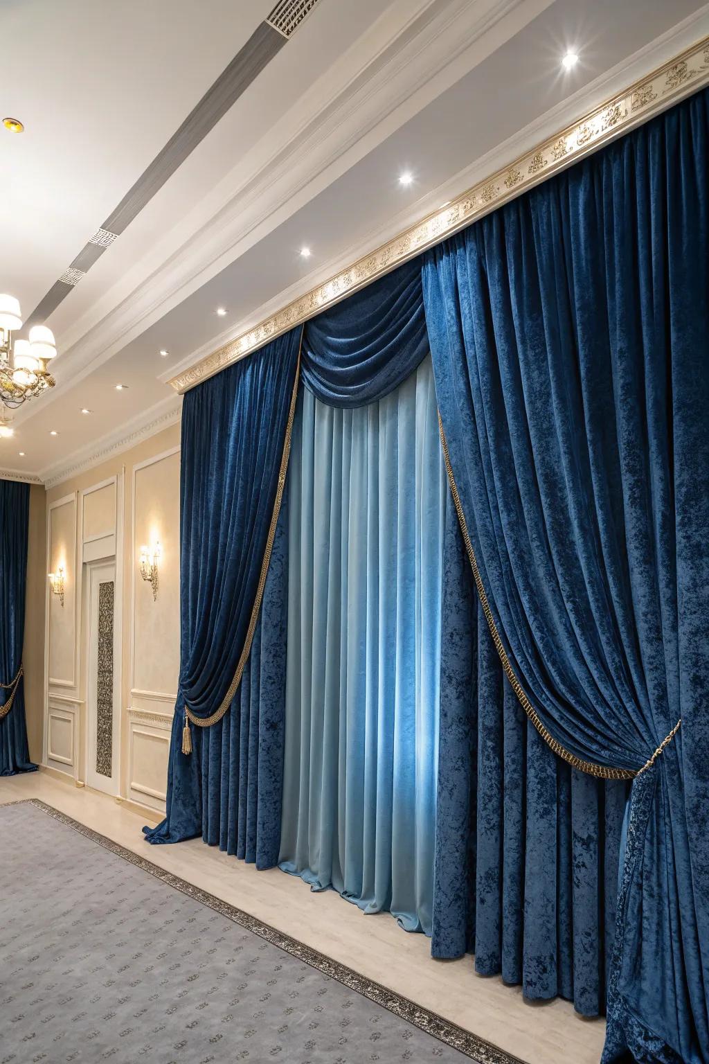 Velvety azure window coverings include elegance and intensity to your decorations.