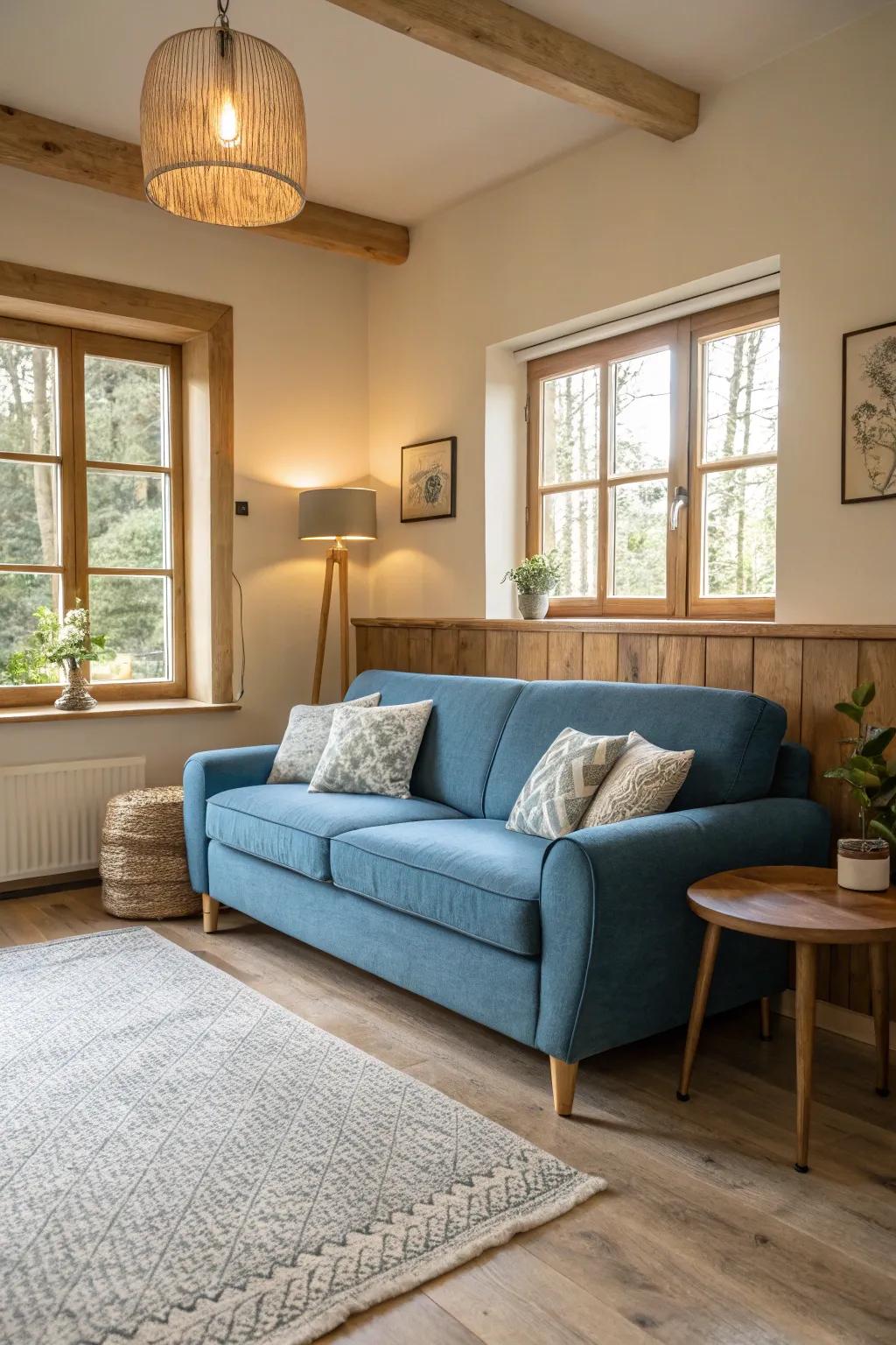 Pale wood details beautifully complement a blue sofa.