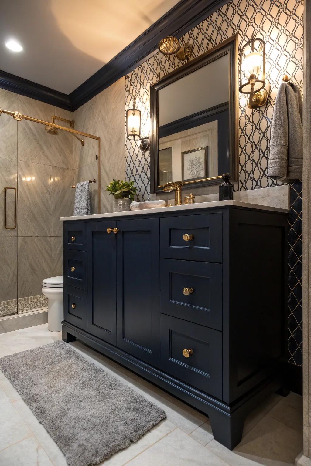 Dark blue and striking lighting create a luxurious, moody ambiance.