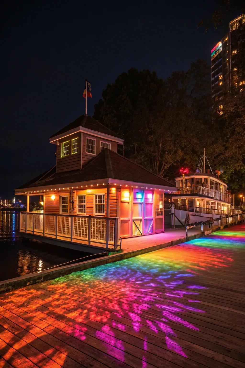 Vibrant LED lamps inject personality and vibrant patterns into the boat house.