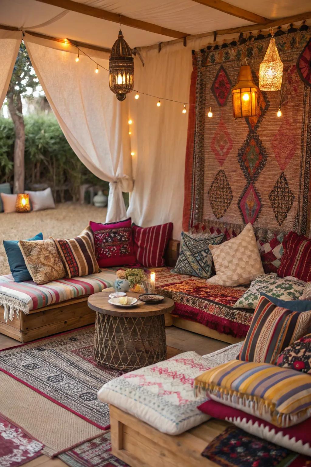 Varied textiles and vibrant cushions fashion a welcoming boho seating space.
