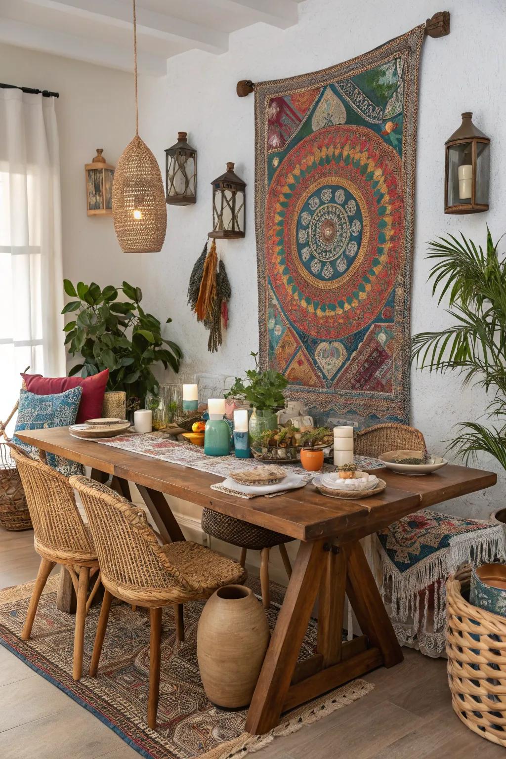 Global accents creating a worldly vibe in a boho dining space.