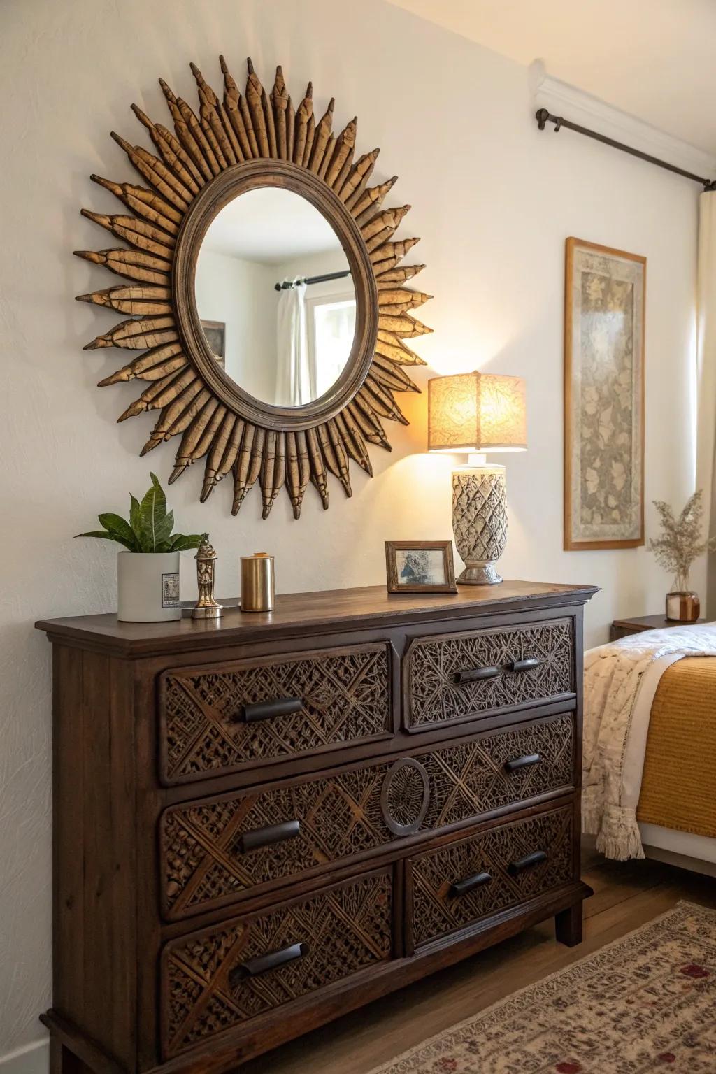 A sunburst mirror adds both elegance and light to this boho dresser.