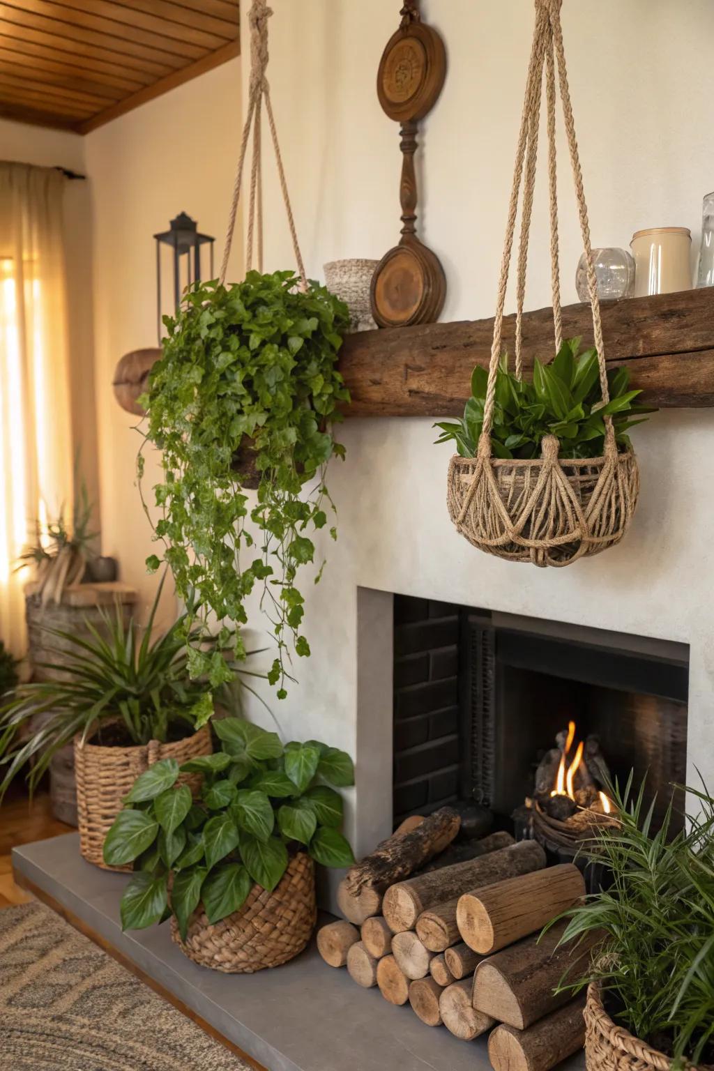 A bohemian-style fireplace featuring hanging planters, introducing vertical greenery.
