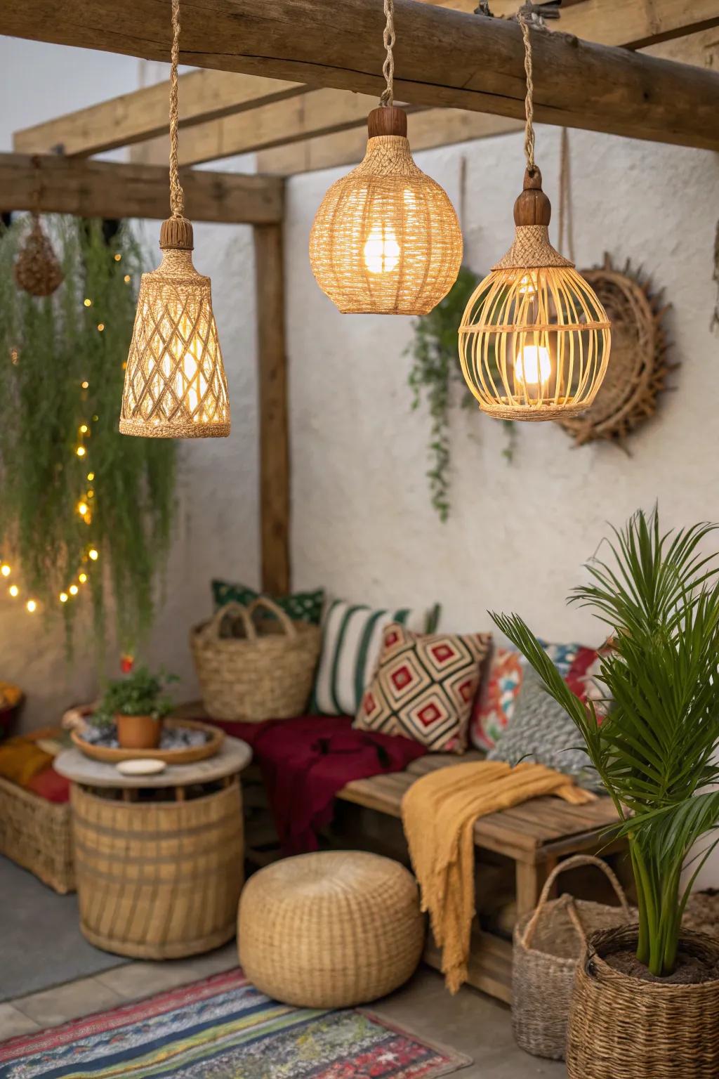 Eco-conscious bamboo lights enhancing a boho-themed setting.