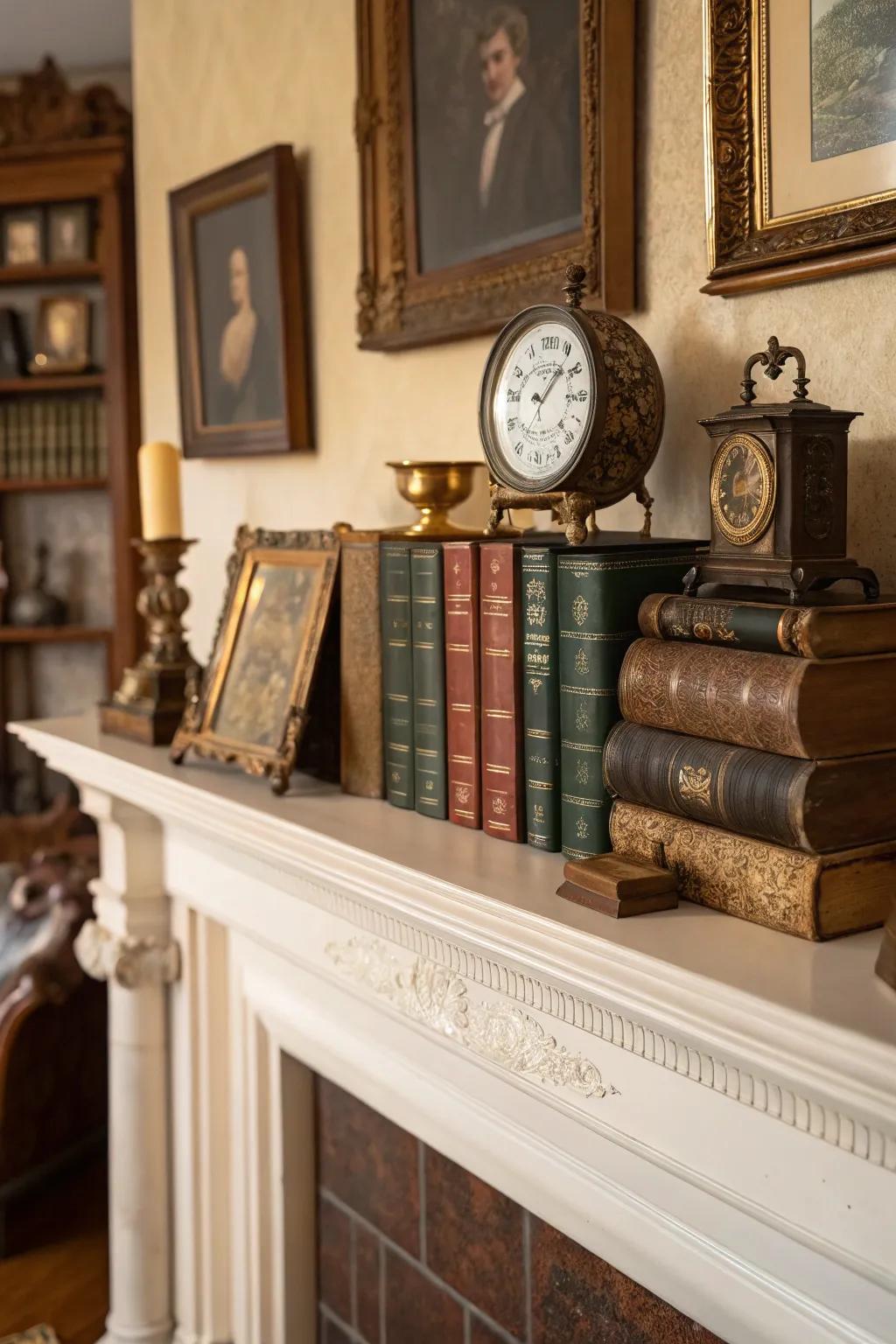 Vintage books bring charm and historical depth to the mantel.