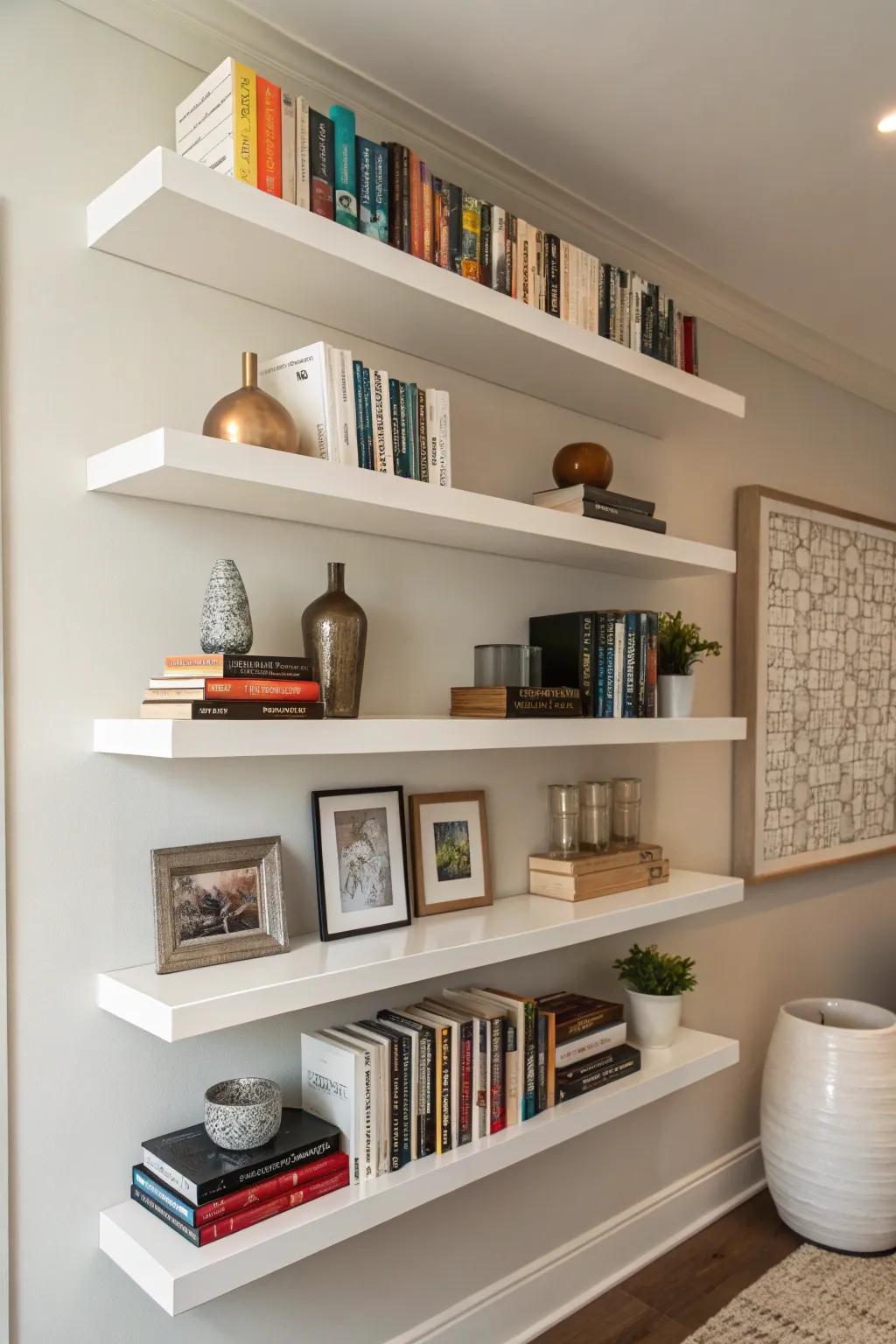 Wall-mounted shelves add a modern sensibility.