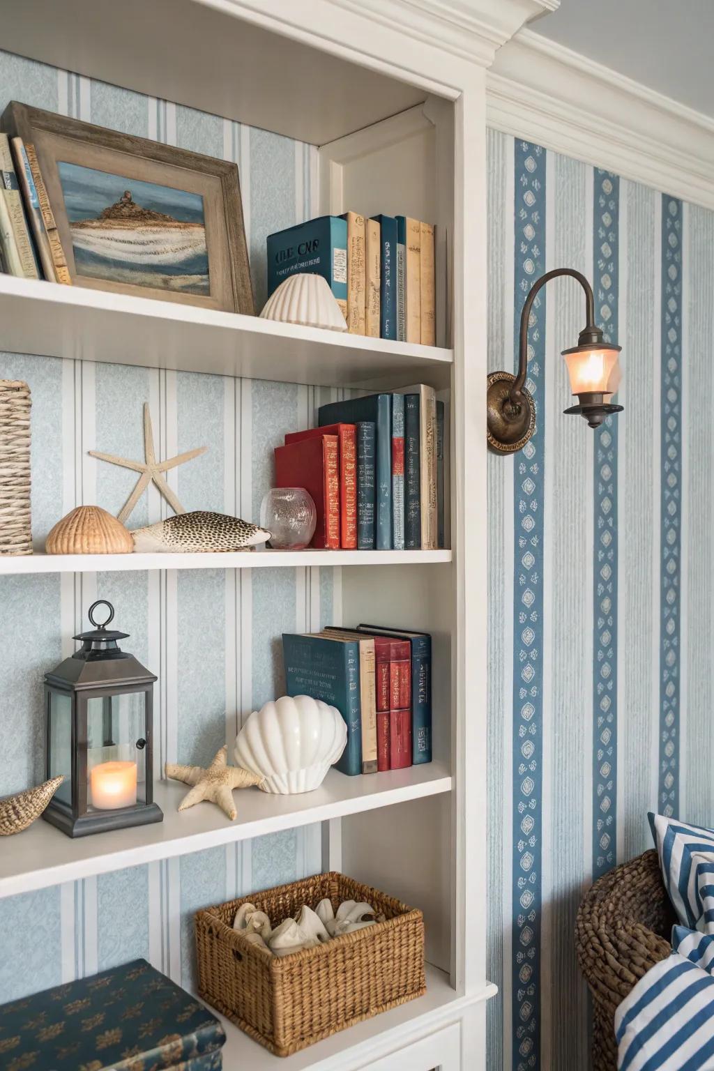 <strong>Bookshelf</strong> featuring seashore stripe wallcovering for a coastal, refreshing atmosphere.&rdquo; loading=&rdquo;lazy&rdquo; class=&rdquo;pimg&rdquo;>
	</picture><figcaption><strong>Bookshelf</strong> featuring seashore stripe wallcovering for a coastal, refreshing atmosphere.</figcaption></figure>
<p>Ocean-themed wallcovering can transport you to the coast. I incorporated blue and white stripes to my shelves, and it introduced a refreshing seashore breeze into my home.</p>
<h3>Useful items to consider:</h3>
<ul class=