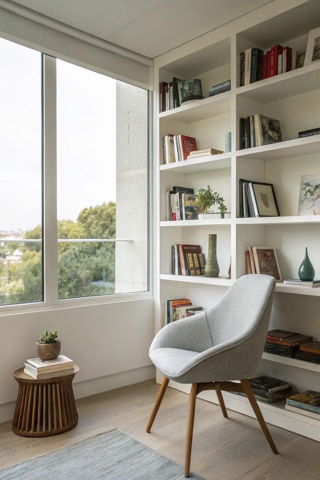 Embrace sleek minimalism with open, airy bookshelves.