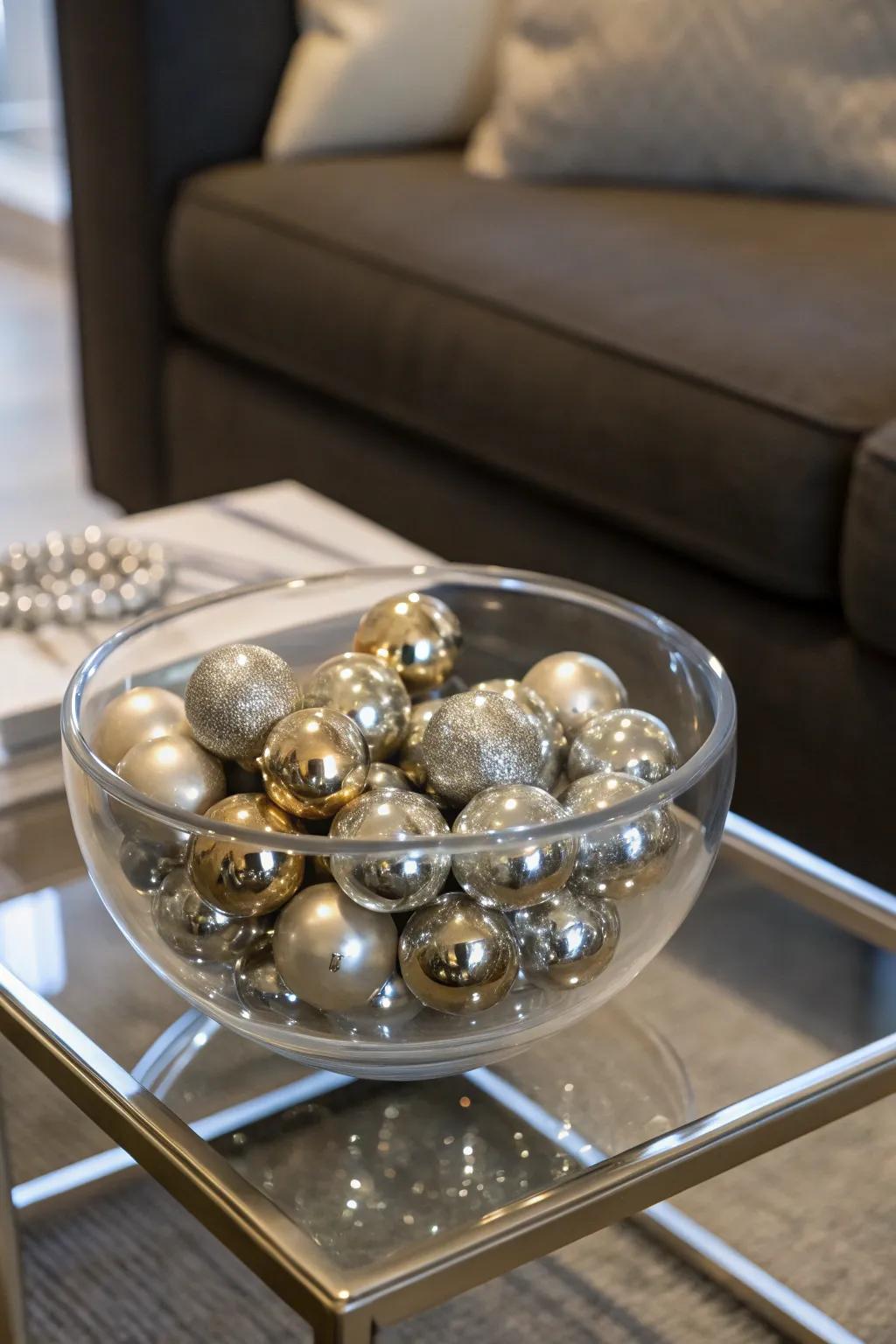 A modern glass bowl filled with metallic spheres for a touch of glam