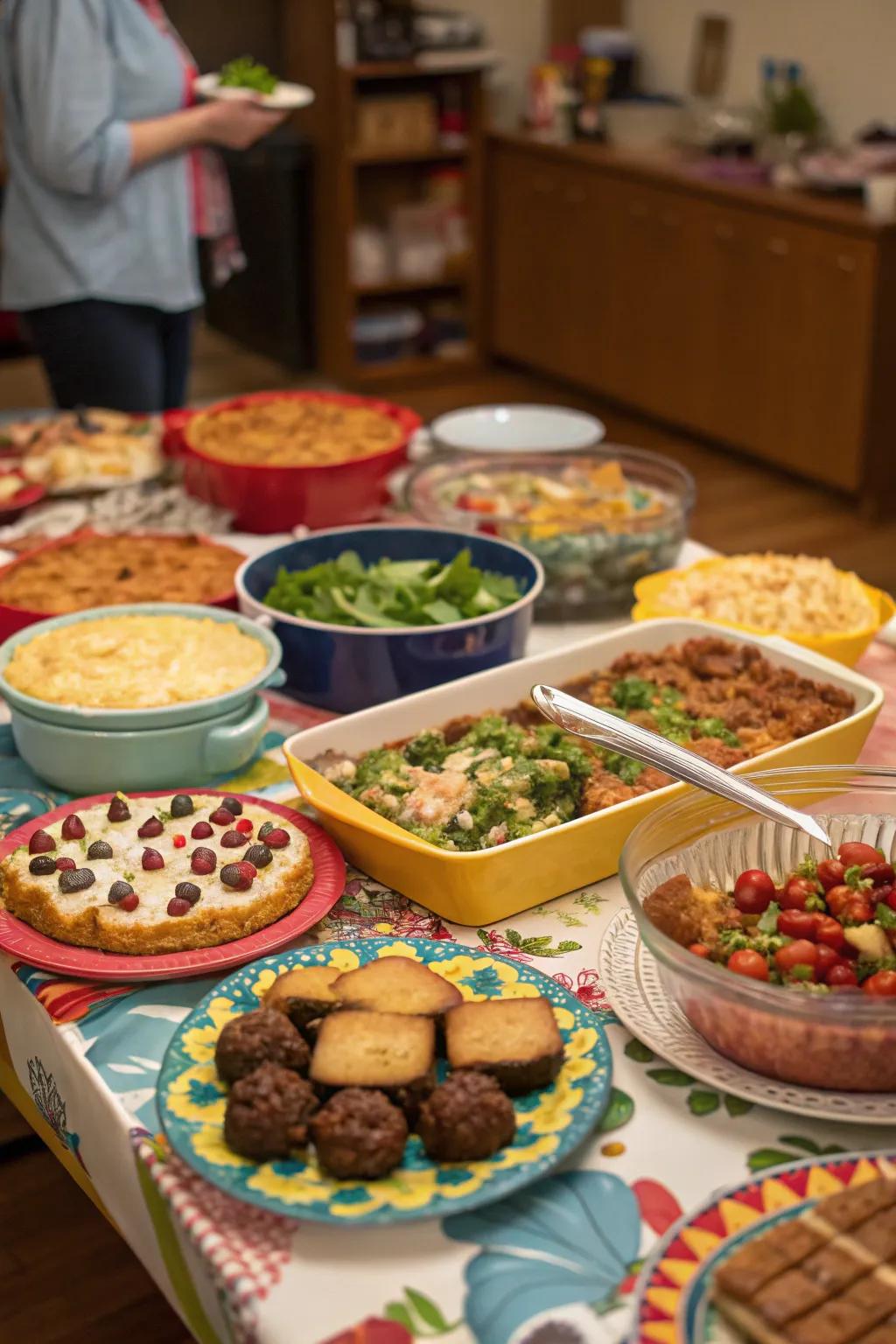 A shared meal table filled with a variety of homemade dishes.
