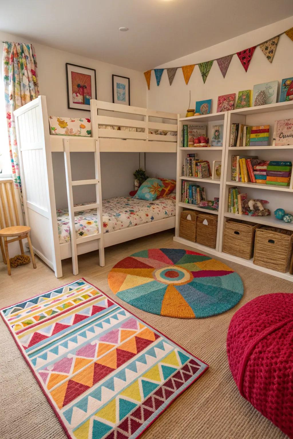 Rugs help delineate personal spaces in a shared quarters.