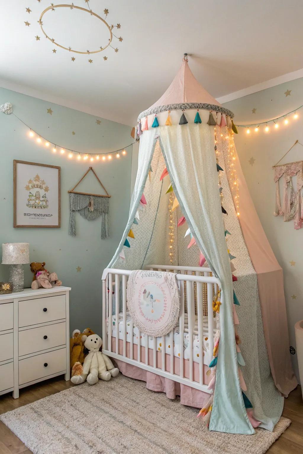 A drape adds a hint of dreaminess and coziness to the crib.