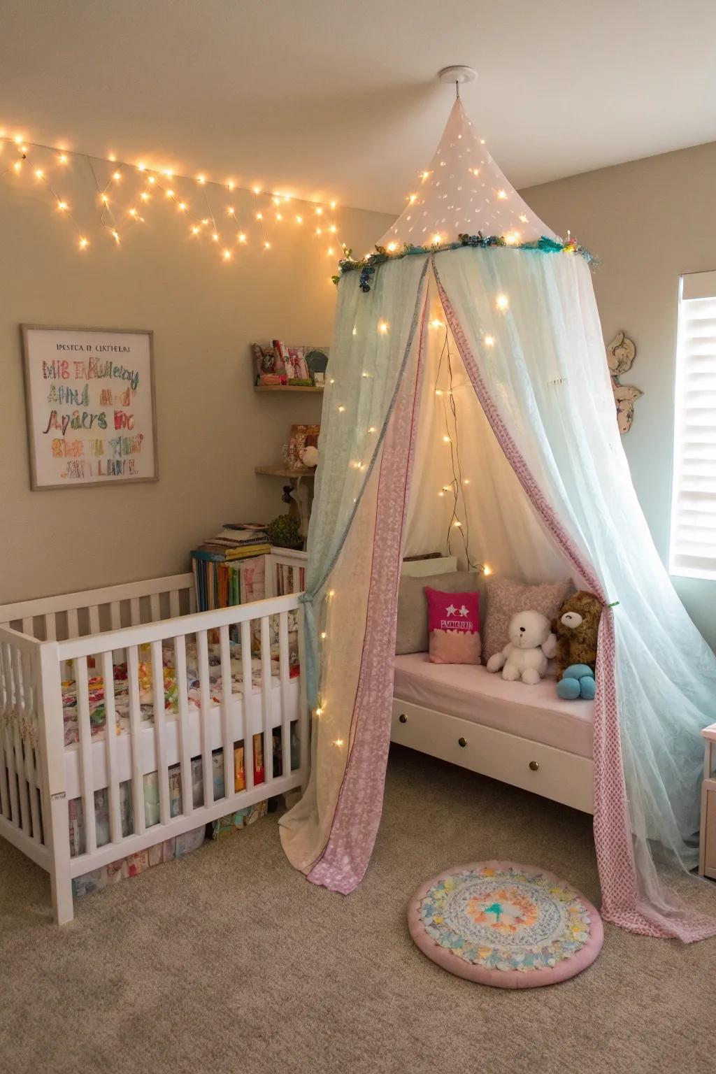 A tent adds a magical and cozy atmosphere to the shared area.