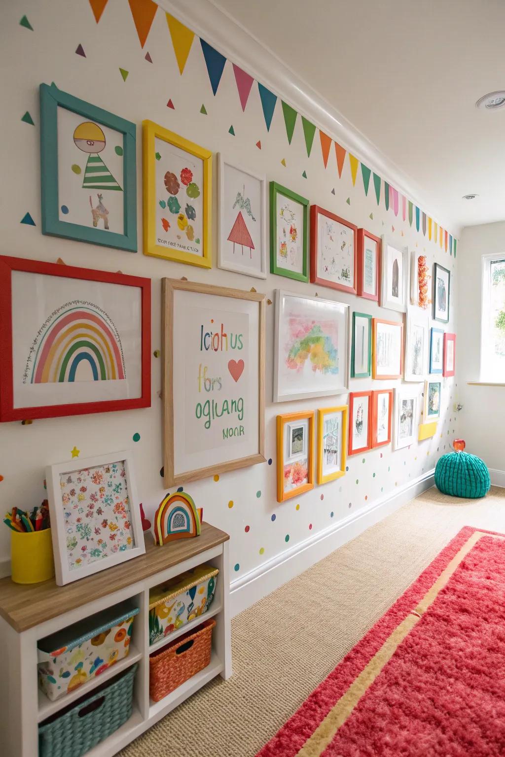 A gallery wall featuring children's artwork to encourage pride and creativity.