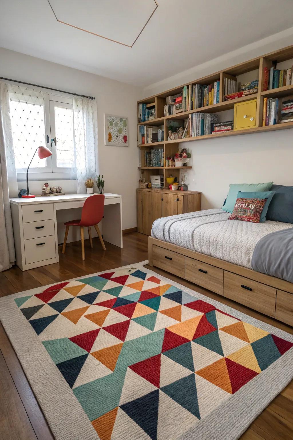 Dynamic flooring enhances the room&rsquo;s visual appeal.