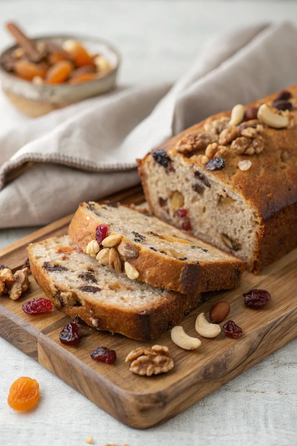 Nut and fruit loaf, a sweet addition to your tea time.