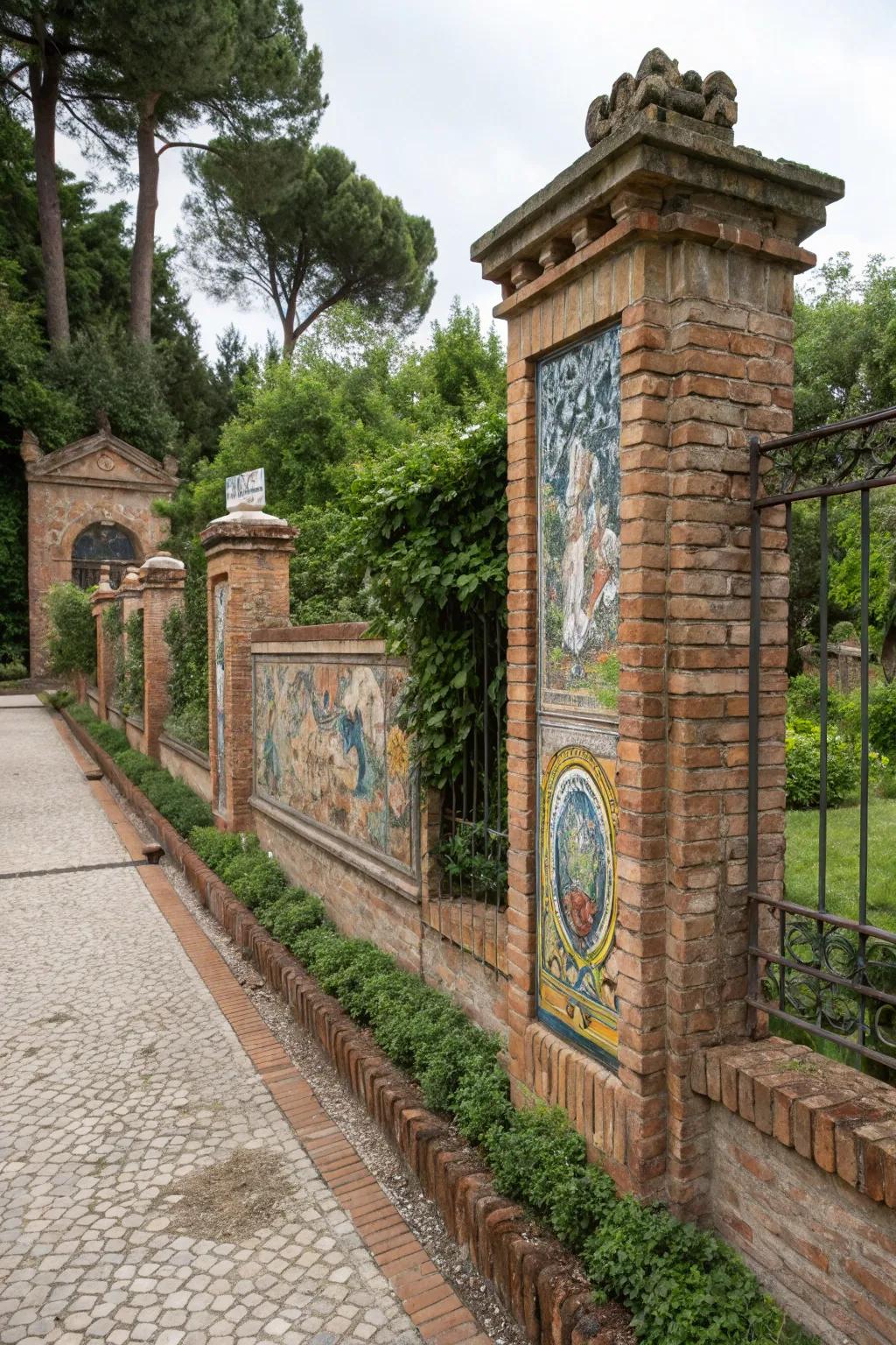 Art transforms a brick fence into a stunning center point.