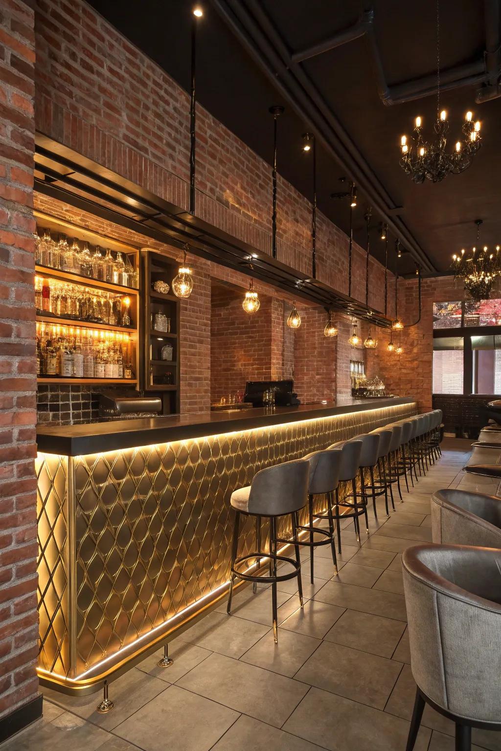 Metallic accents introduce a hint of glamour to a brick wall bar.