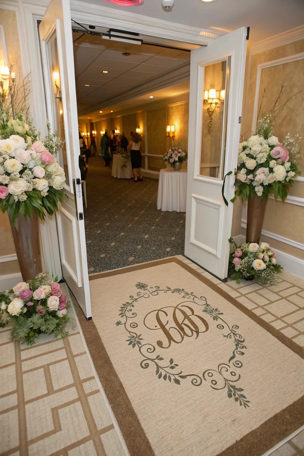 A personalized crested floor covering invites guests into the shower through elegance and style.