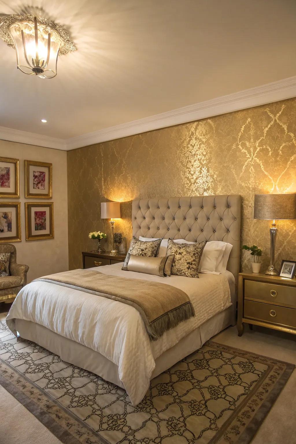 A gilded feature wall brings elegance and sophistication.