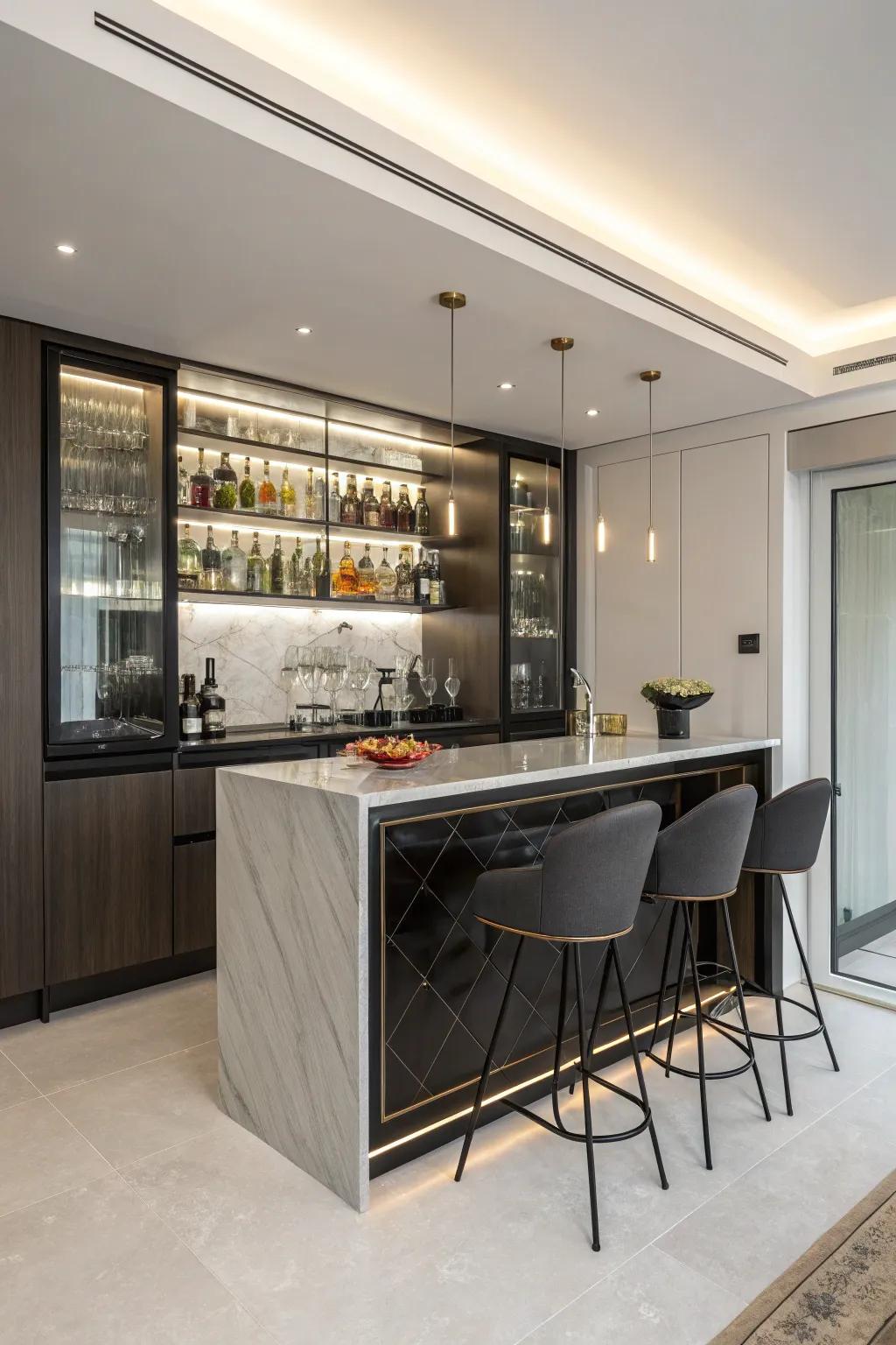 A hidden bar that surprises and delights with its sleek, concealed design.