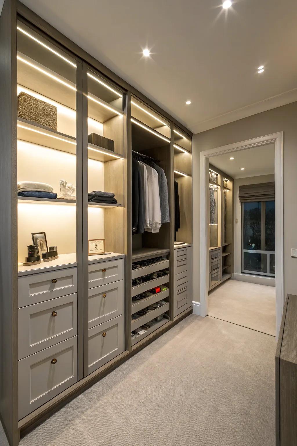 Continuous closet designs efficiently maximize space.