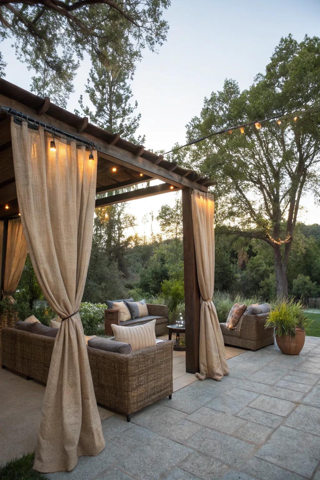 Outdoor comfort with material drapes on the patio.