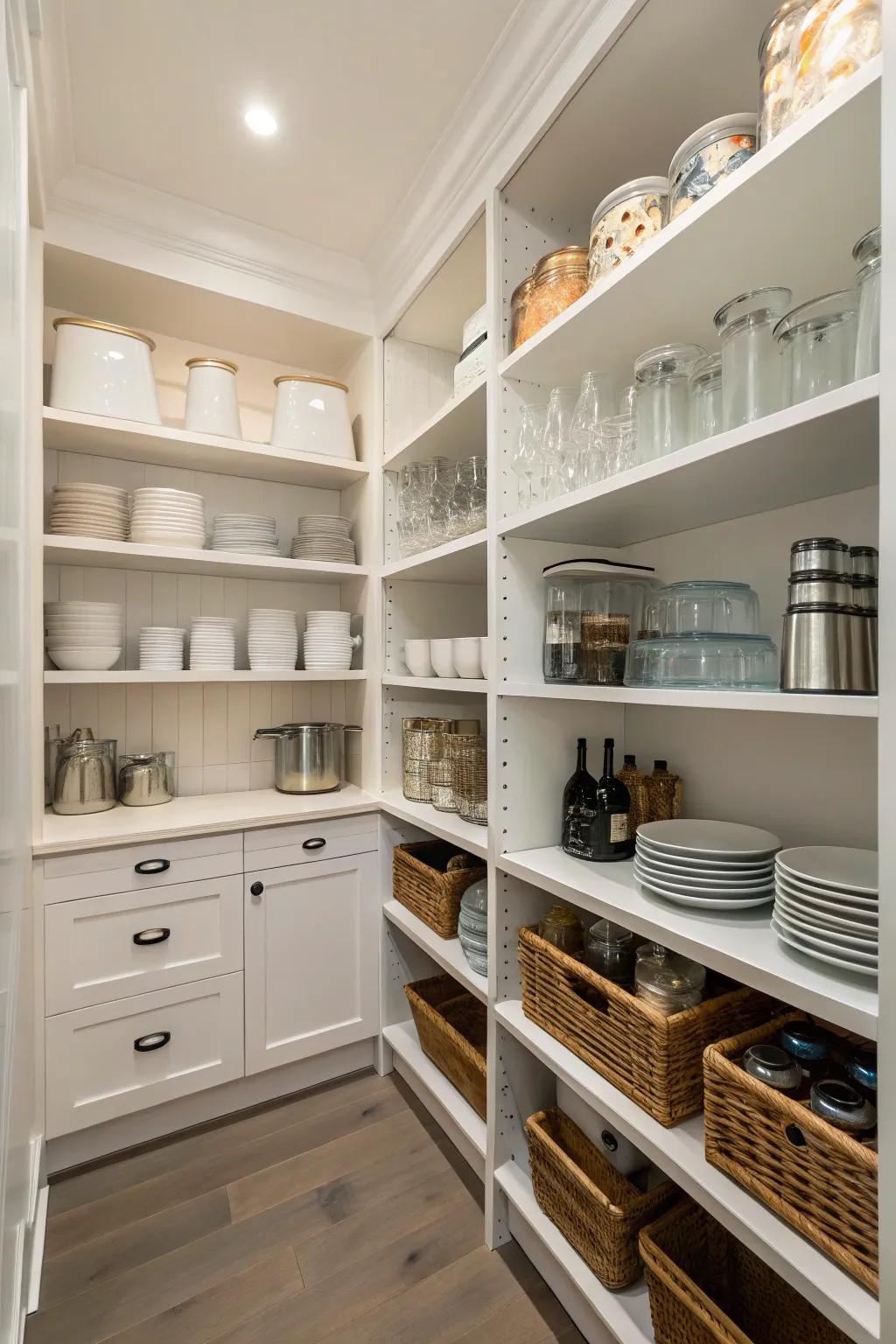 An organized butler's pantry featuring floor-to-ceiling shelving, maximizing storage potential.