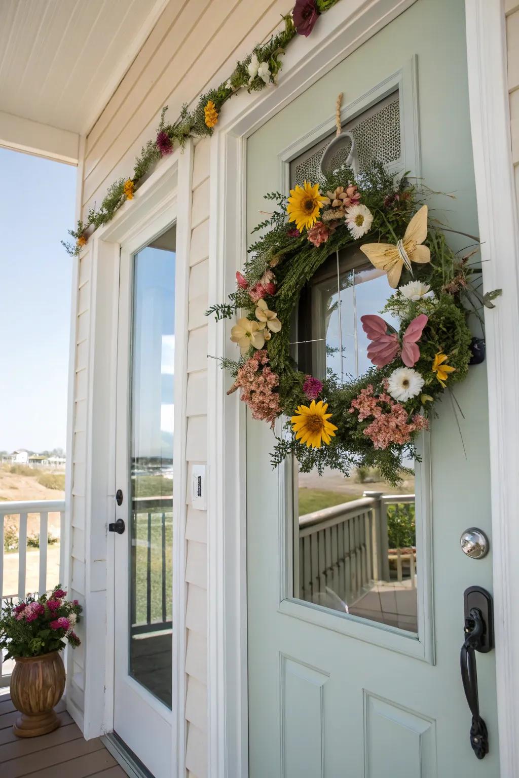 A butterfly entrance decor delivers a cheerful greeting.