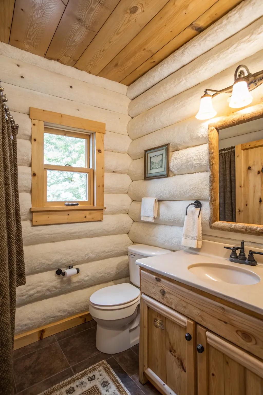 A cabin bathroom with plastered timber walls for a contemporary aesthetic.